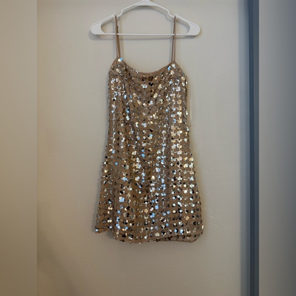 Zara Silver Sequin Beige Square Neck Mini Dress- Small - Picture 3 of 16